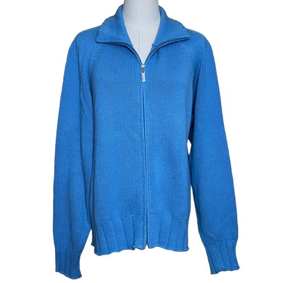 Vintage ALPS Knit Full Zip Sweater Cardigan Women's L Blue 100% Cotton High Neck - Picture 1 of 10